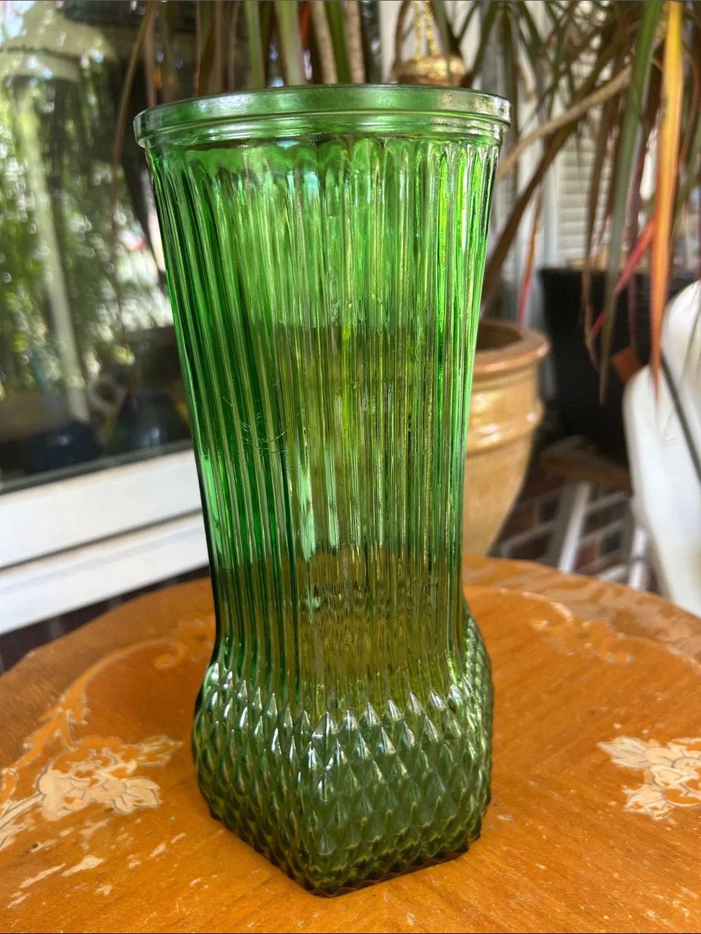 Vintage Green Ribbed Glass Vase